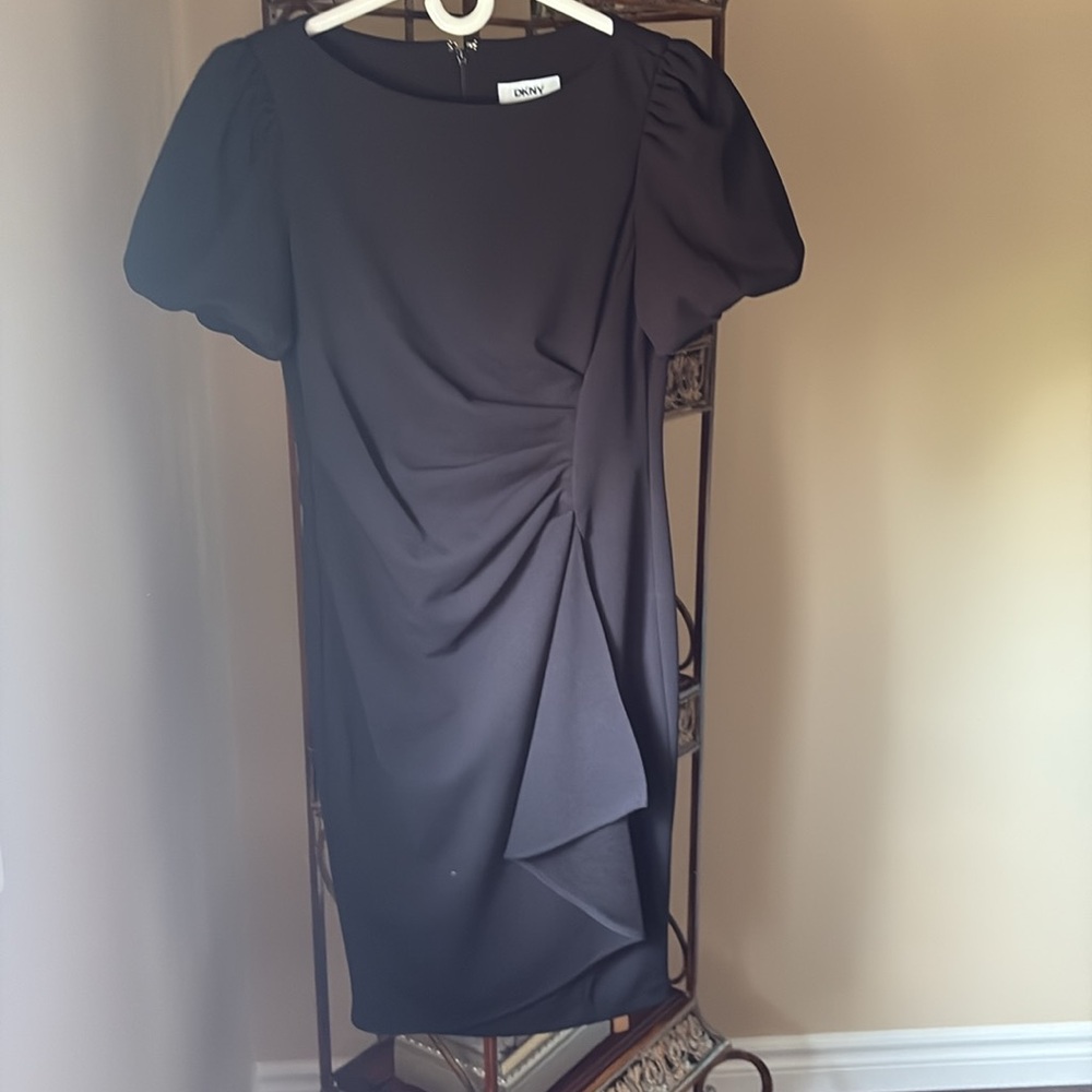 DKNY Black Asymmetrical Ruched Cocktail Dress